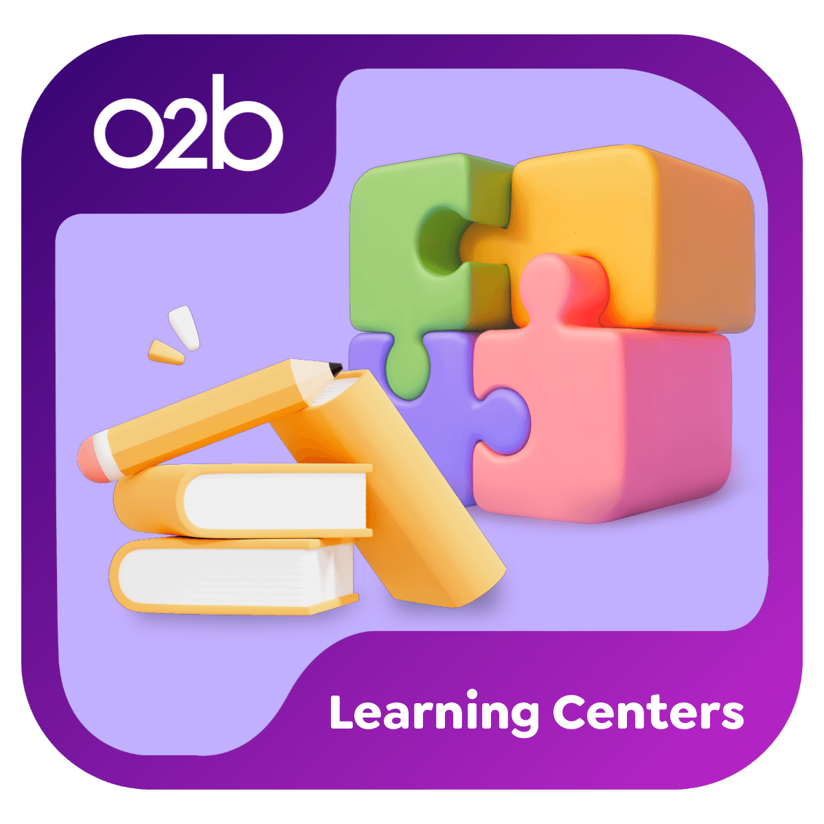 Multicolor puzzle pieces and orange books/pencil on purple background. O2B - Learning Centers